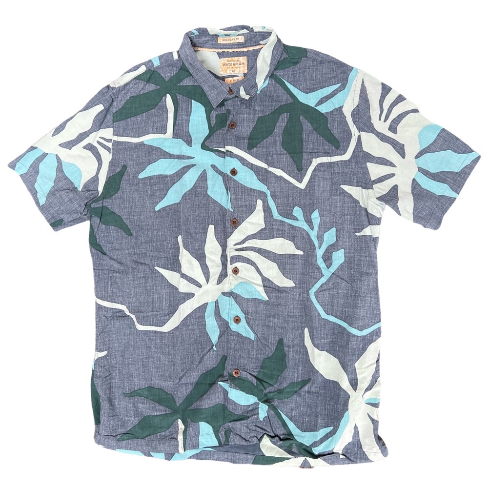 Quiksilver Waterman Collection Shirt Button Up Blue Hawaiian Size Large